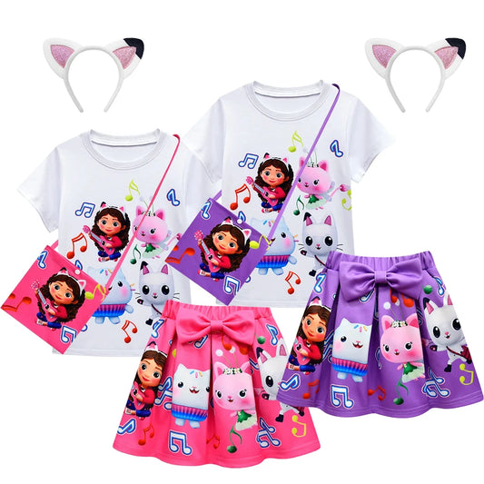 Gabby's Dollhouse Girls Clothes Sets Summer Cats-tastic Tops+Bow Cartoon Print Skirt+Bag+Headband 4pcs Children's Clothing Suit