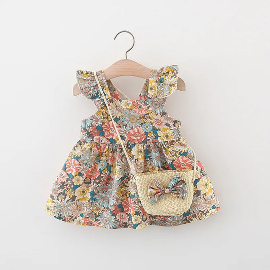 Summer Baby Girl's Dress New Vintage Garden Flower Flying Sleeve Dress with Straw Bag