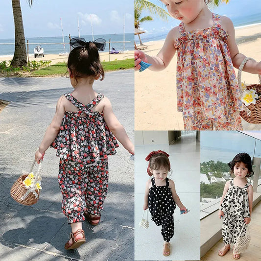 Summer Girls' Clothing Sets Back Cross Flower Suspender Top+ Nine-Point Pants Baby Children Clothes Suit Fashion Kids Outfit